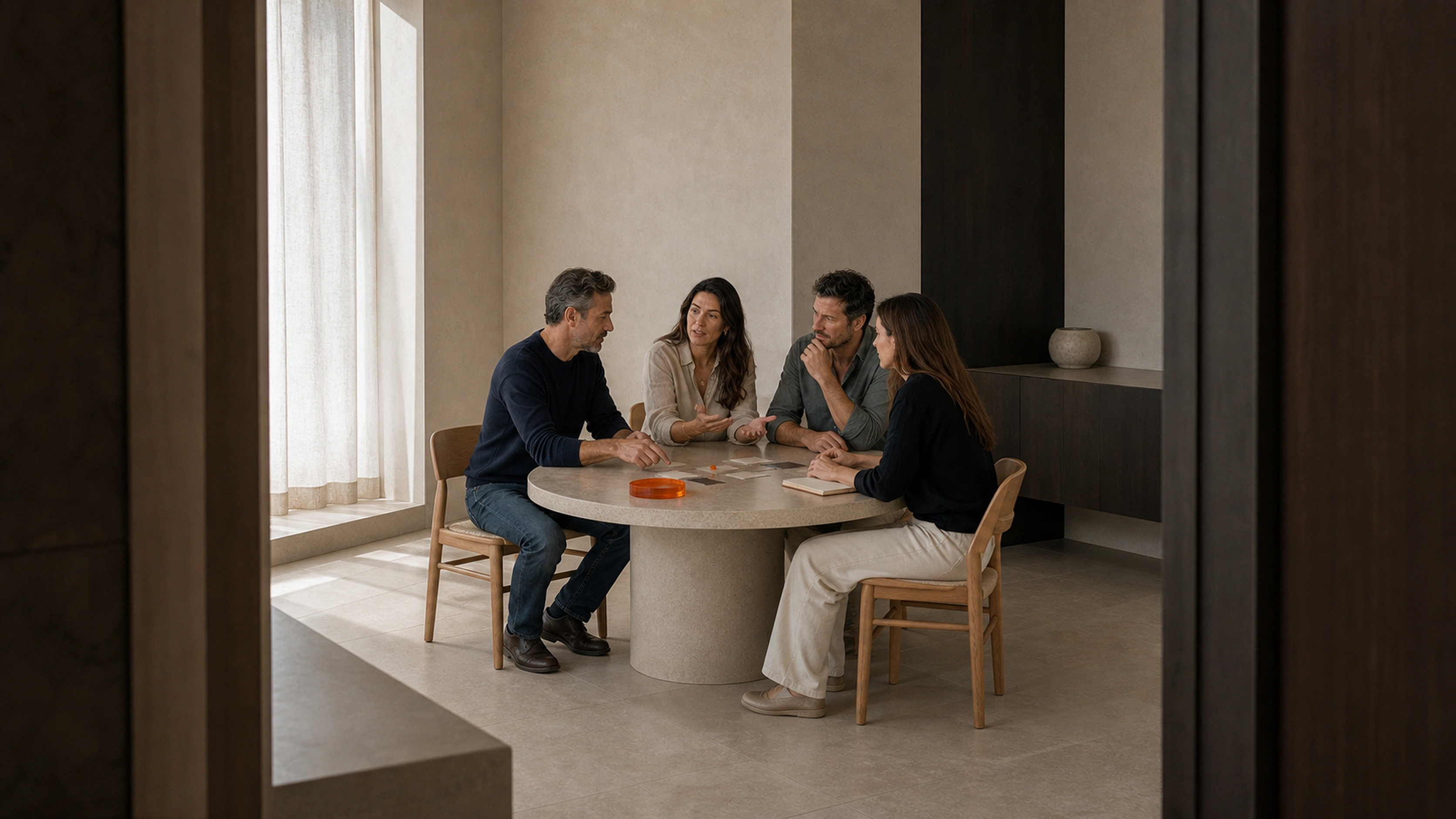 Cliente, pareja, Money Therapist y especialista trabajan juntos en una sala privada