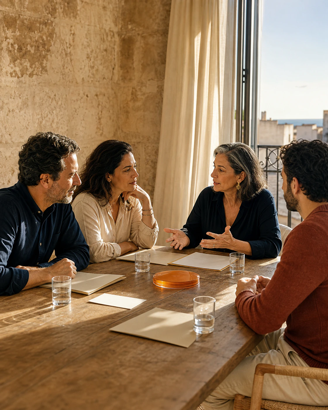 Una pareja, una Money Therapist y un especialista conversan sobre una estructura internacional en una casa mediterránea
