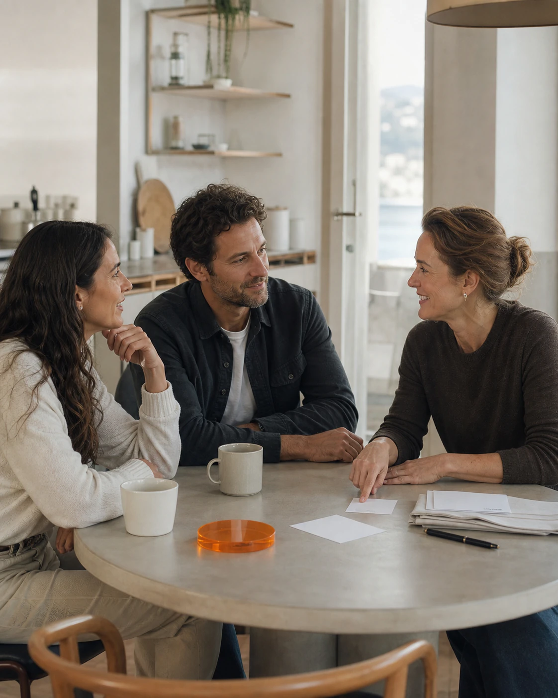 Una pareja habla de dinero con una Money Therapist durante una mañana tranquila en casa